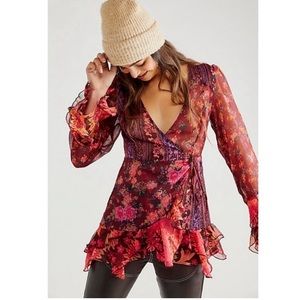 Free People Magic Hour Sheer Drapey Ruffle Floral Wrap Top NWT